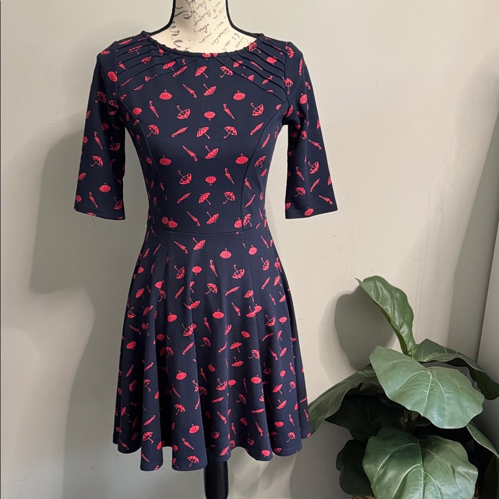 Unique Vintage Fit & Flare Dress M Navy Red Print Retro Skater Dress with Sleeve